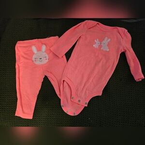 Coral Pink Baby Onesie and Pants Set with Bunny Design 3/6m